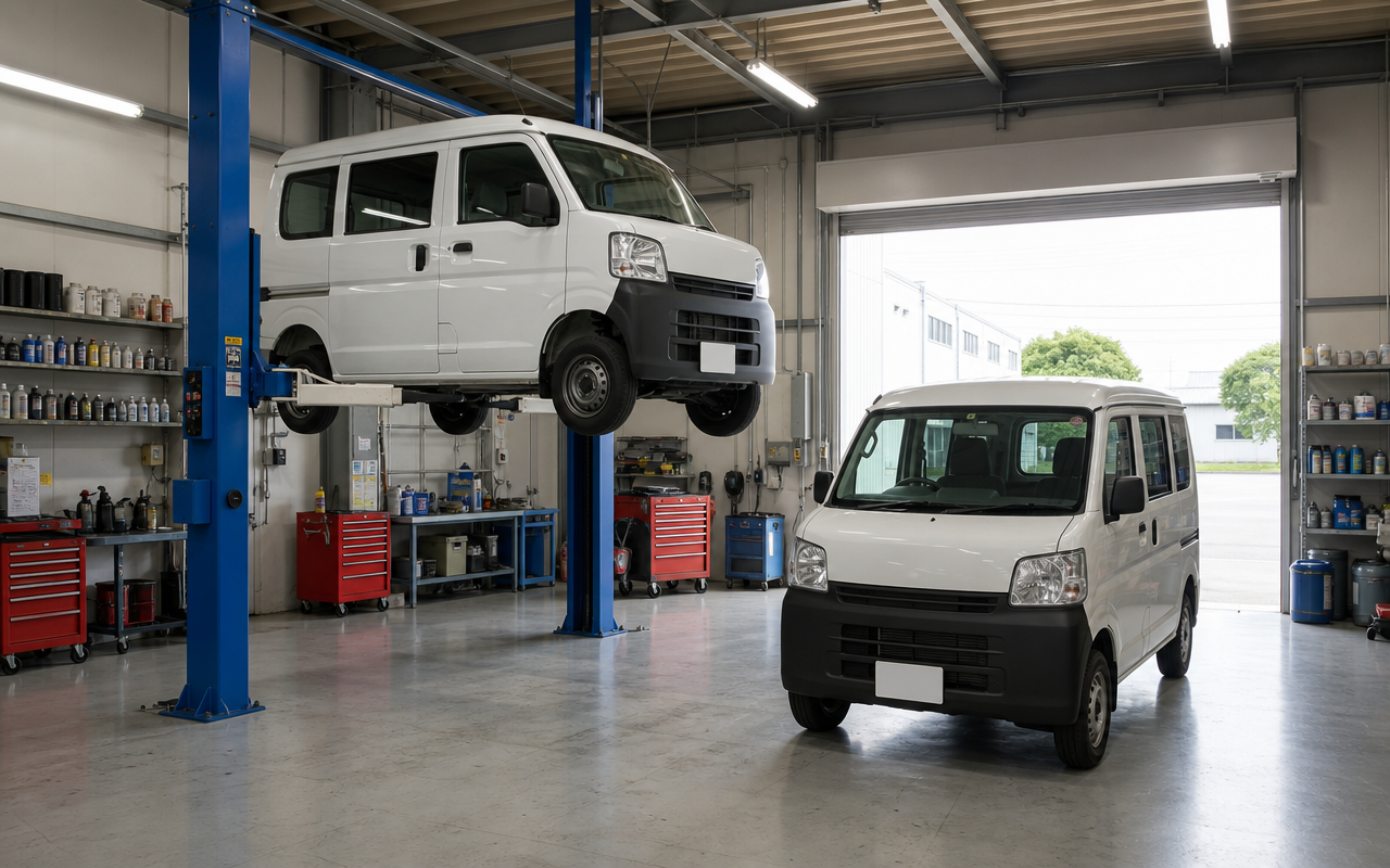 軽バンを整備するe-Driveの作業場