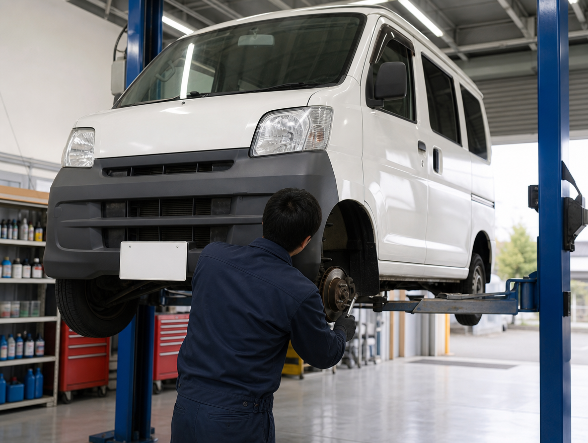 リフトで上げた軽バンの足回りを整備するe-Drive整備士